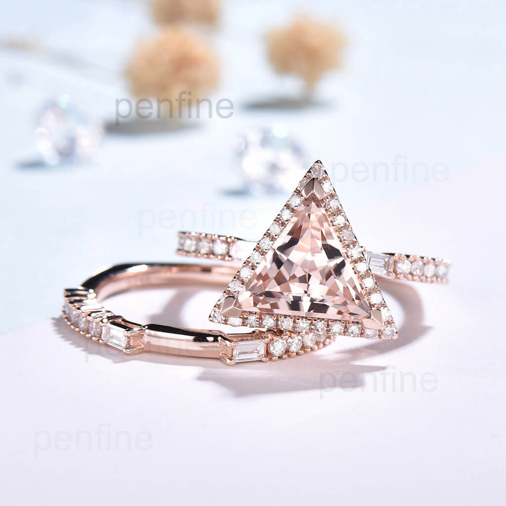 9mm Trillion Cut Unique Morganite Diamond Wedding Ring Set 2pcs - PENFINE