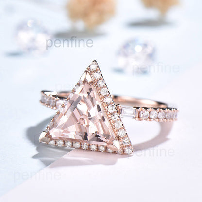 9mm Trillion Cut Morganite Diamond Engagement Ring Rose Gold - PENFINE
