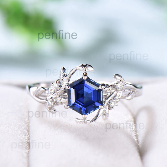 Leaf Flower Sapphire Engagement Ring Hexagon 1CT Unique Vintage Nature Inspired Sapphire Wedding Ring For Women Antique Anniversary Gift - PENFINE