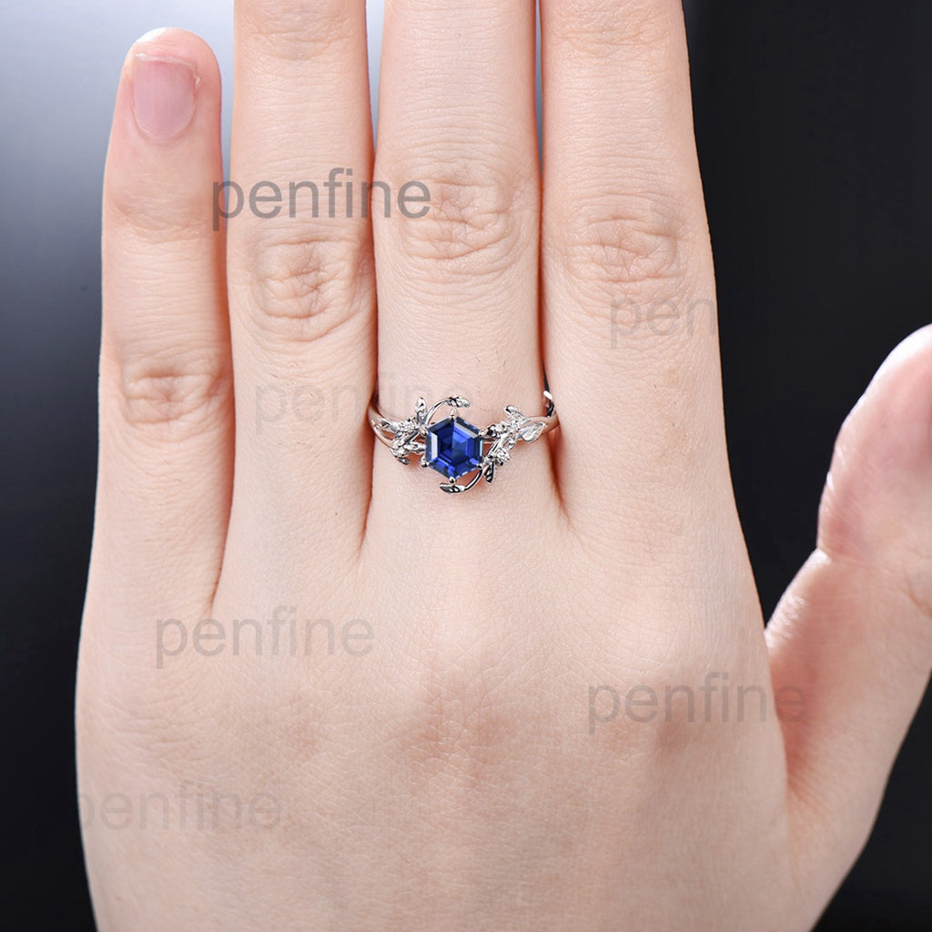 Unique Leaves Blue Sapphire Engagement Ring Set 14K Rose Gold 1ct Hexagon Cut fashion Blue Sapphire Bridal Set Handmade Nature Inspired Jewelry Gift