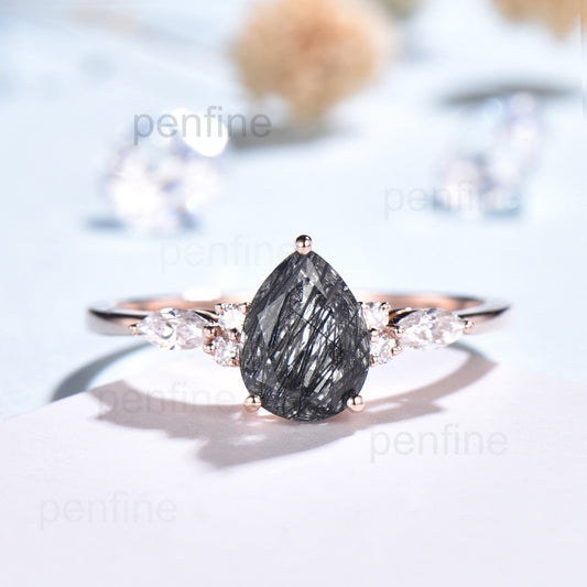 Vintage unique black rutilated quartz engagement ring Twisted black cr –  PENFINE