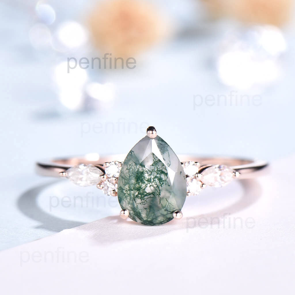 pear shaped moss agate engagement ring rose gold