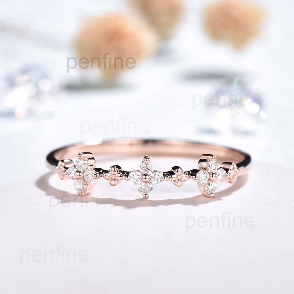 Full Cut Flower Diamond Wedding Band Unique Art Deco Stackable Ring - PENFINE