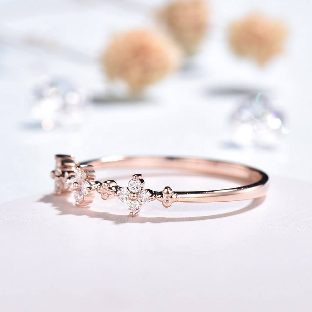 Full Cut Flower Diamond Wedding Band Unique Art Deco Stackable Ring - PENFINE