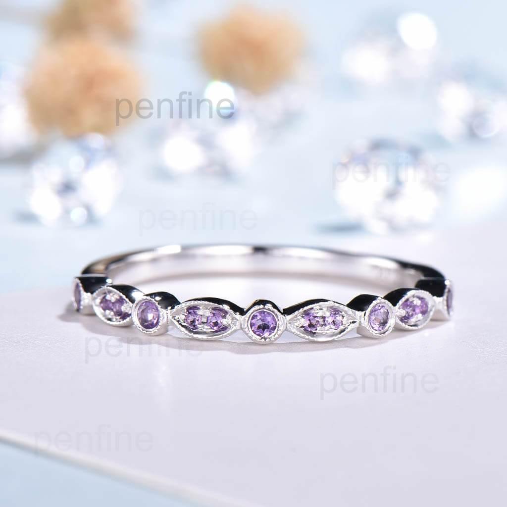 Luxe Tiara Half Eternity Amethyst Wedding Band For Women - PENFINE