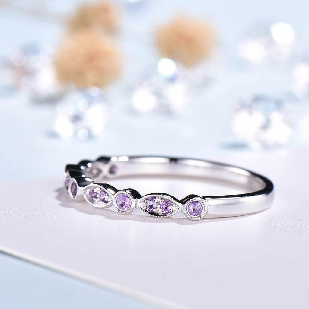 Luxe Tiara Half Eternity Amethyst Wedding Band For Women - PENFINE