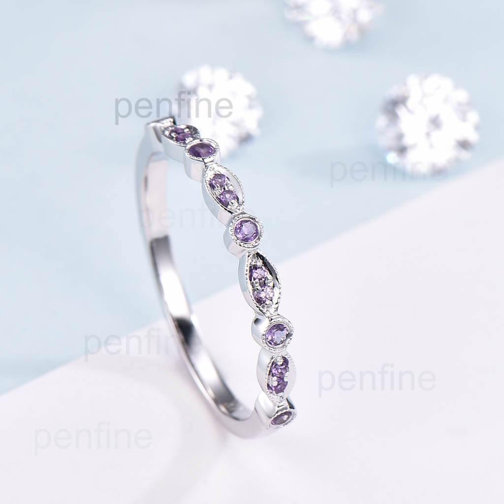 Luxe Tiara Half Eternity Amethyst Wedding Band For Women - PENFINE