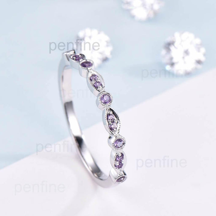 Luxe Tiara Half Eternity Amethyst Wedding Band For Women - PENFINE