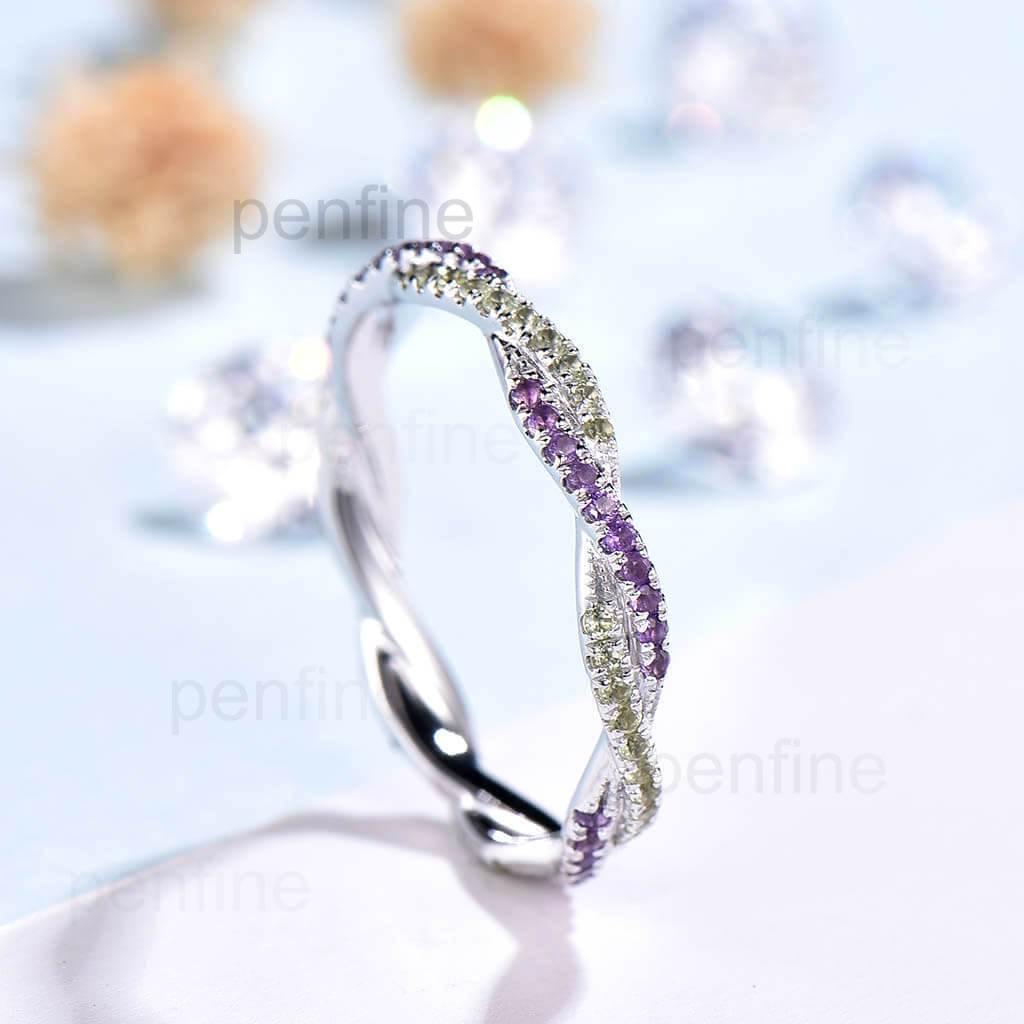 Petite Twisted Vine Infinity Amethyst Peridot Wedding Band Full Eternity - PENFINE