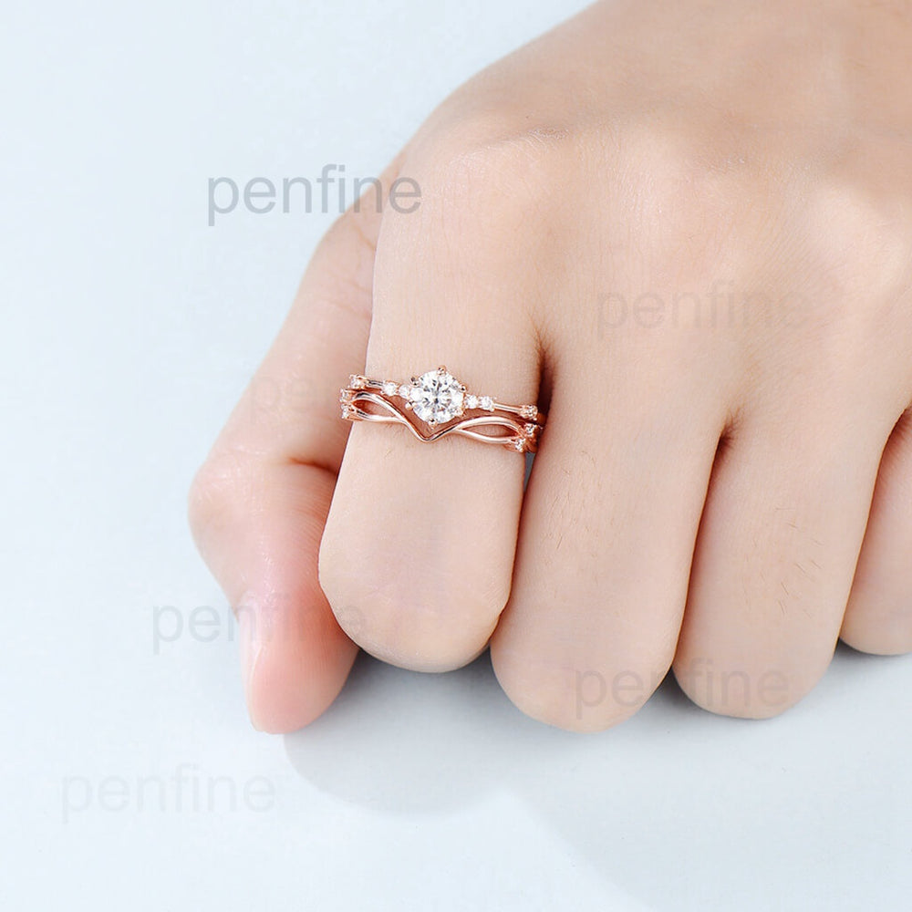 Dainty Moissanite Engagement ring Set Vintage Flower Band - PENFINE