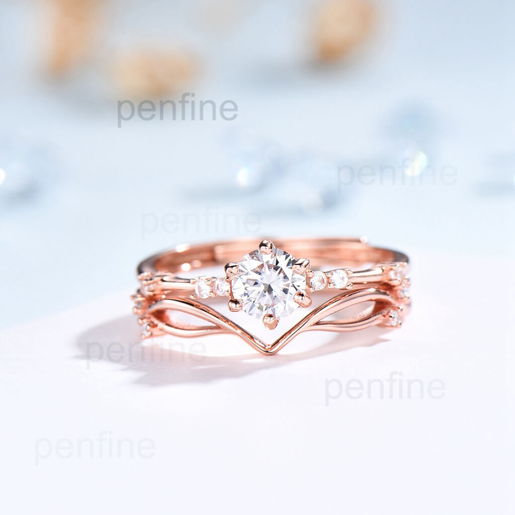 Dainty Moissanite Engagement ring Set Vintage Flower Band - PENFINE