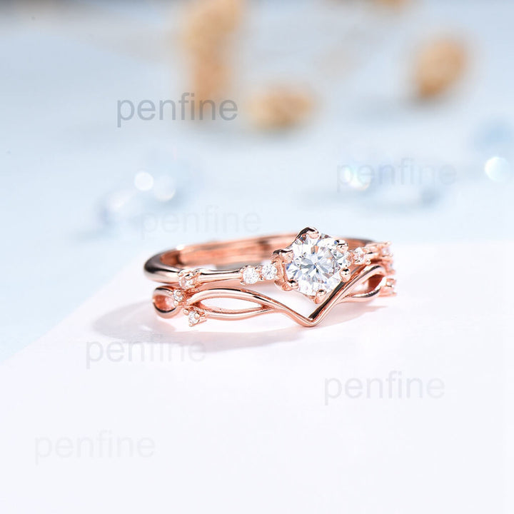 Dainty Moissanite Engagement ring Set Vintage Flower Band - PENFINE