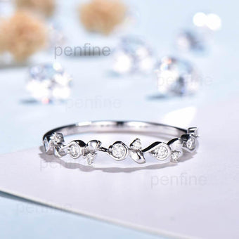 Flower Dainty Diamond Wedding Ring Unique - PENFINE