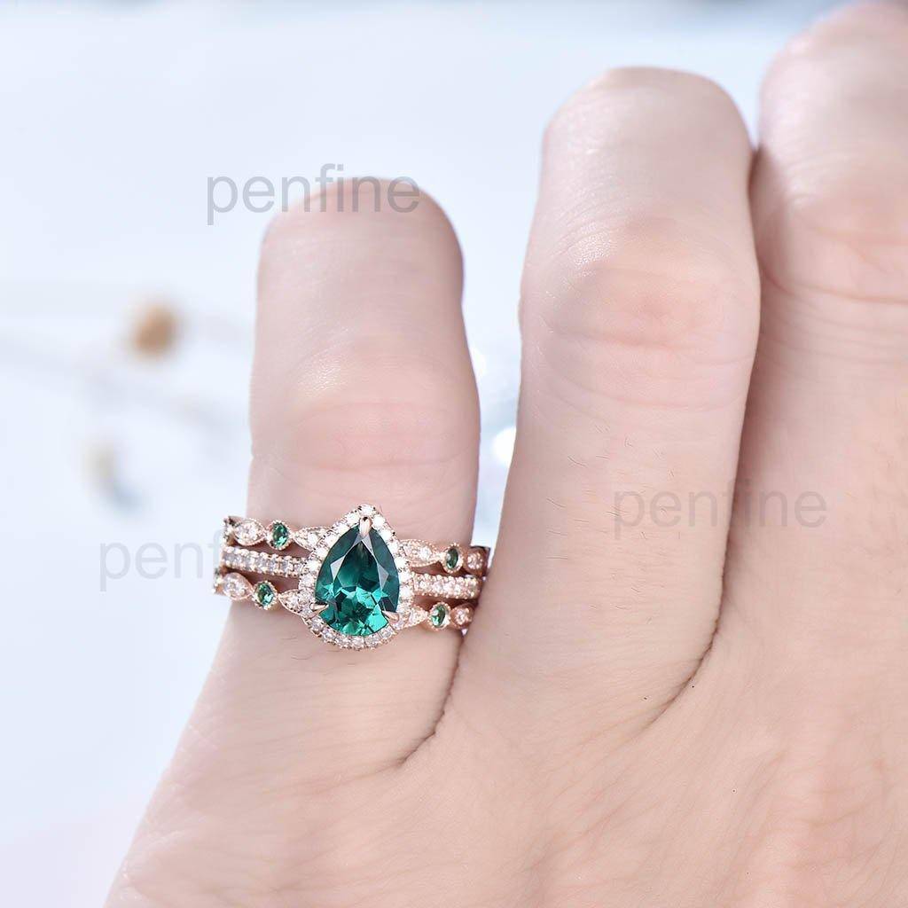 Classic Pear Emerald Diamond Engagement Ring Set Emerald Band 3pcs - PENFINE