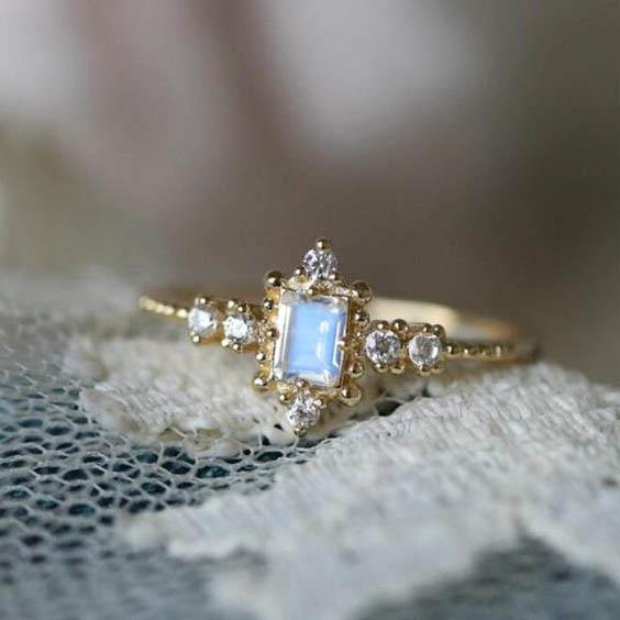 Vintage Rainbow Emerald Cut Moonstone Engagement Ring For Sale - PENFINE
