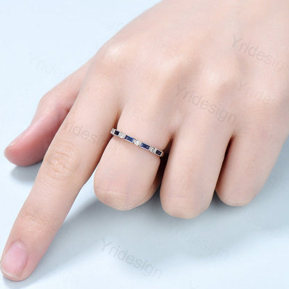 Vintage Sapphire Wedding Band , Princess cut wedding ring for women, Unique Stacking ring matching ring Bridal ring, Anniversary band ring - PENFINE