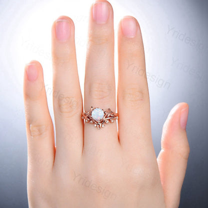 Opal Engagement Ring Set,1 Carat White Fire Opal Vine Leaf Ring, Nature Inspired Wedding Ring For Women,October Birthstone Bridal Ring - PENFINE