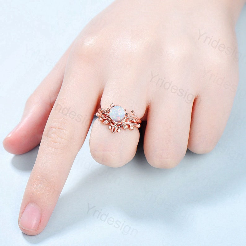 Opal Engagement Ring Set,1 Carat White Fire Opal Vine Leaf Ring, Nature Inspired Wedding Ring For Women,October Birthstone Bridal Ring - PENFINE