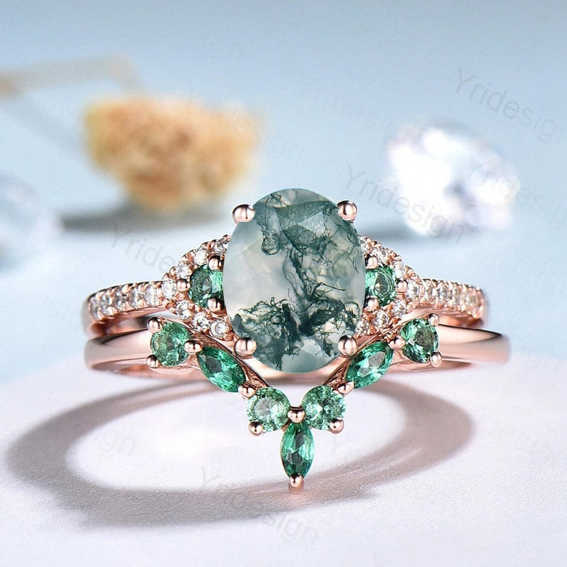 Elegant moss agate ring set vintage green stones wedding ring women Unique moss agate engagement ring bridal set emerald anniversary gift - PENFINE