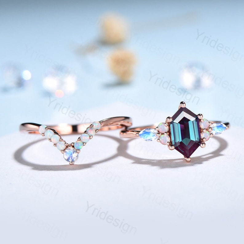 Vintage Alexandrite engagement ring set hexagon cut ring rose gold art deco marquise moonstone ring unique opal wedding ring set for women - PENFINE