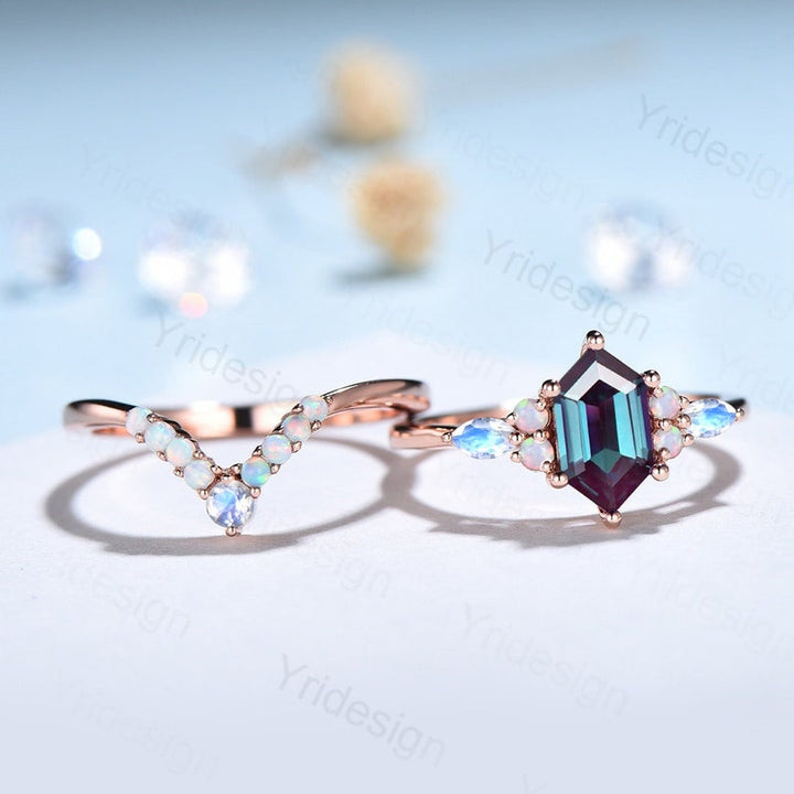 Vintage Alexandrite engagement ring set hexagon cut ring rose gold art deco marquise moonstone ring unique opal wedding ring set for women - PENFINE