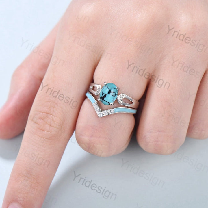Unique Oval Turquoise engagement ring set 14k white gold vintage split shank engagement ring for women Blue Enamel Wedding Ring Antique Gift - PENFINE