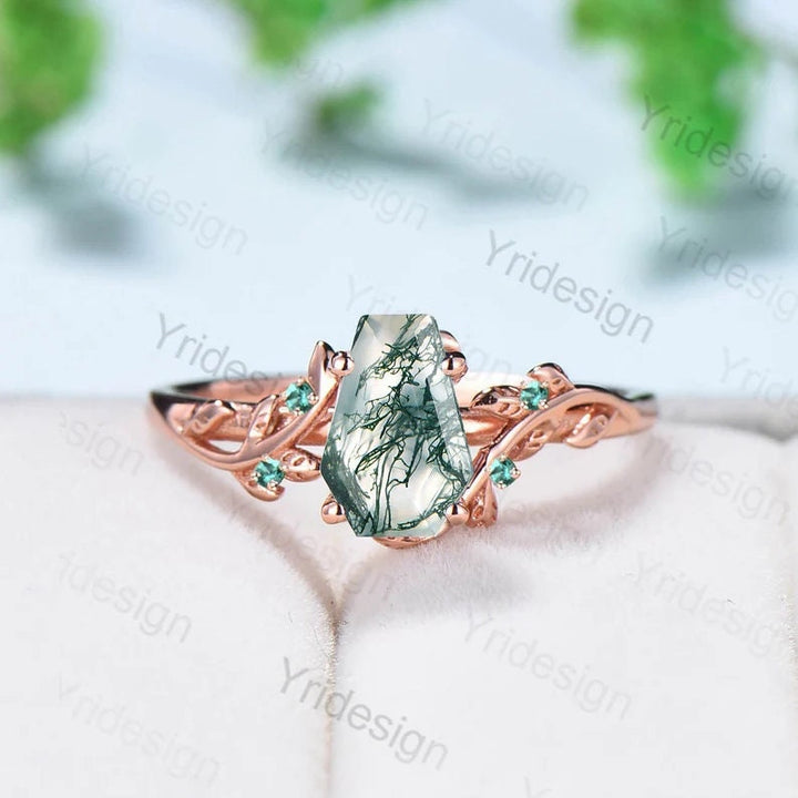 Elegant Natural Moss Agate Ring Vintage Unique Hexagon Engagement Ring Inspired Leaf Cluster Emerald Wedding Ring Women Green Gemstone Ring - PENFINE