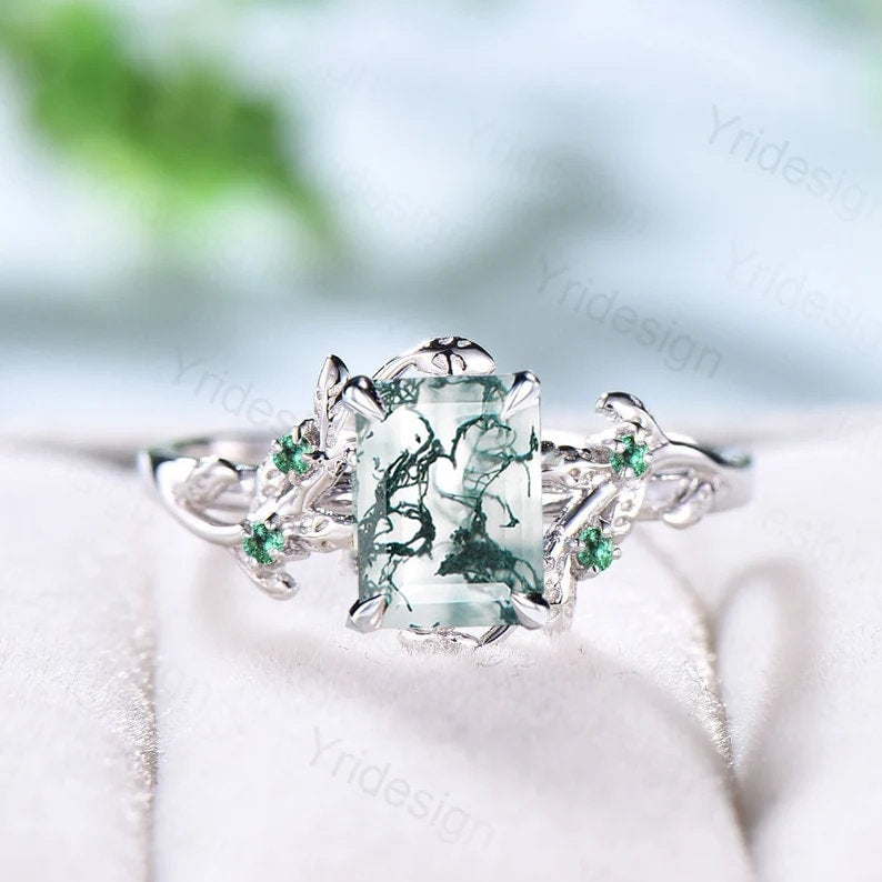 Elegant Natural Moss Agate Ring Vintage Unique Hexagon Engagement Ring Inspired Leaf Cluster Emerald Wedding Ring Women Green Gemstone Ring - PENFINE