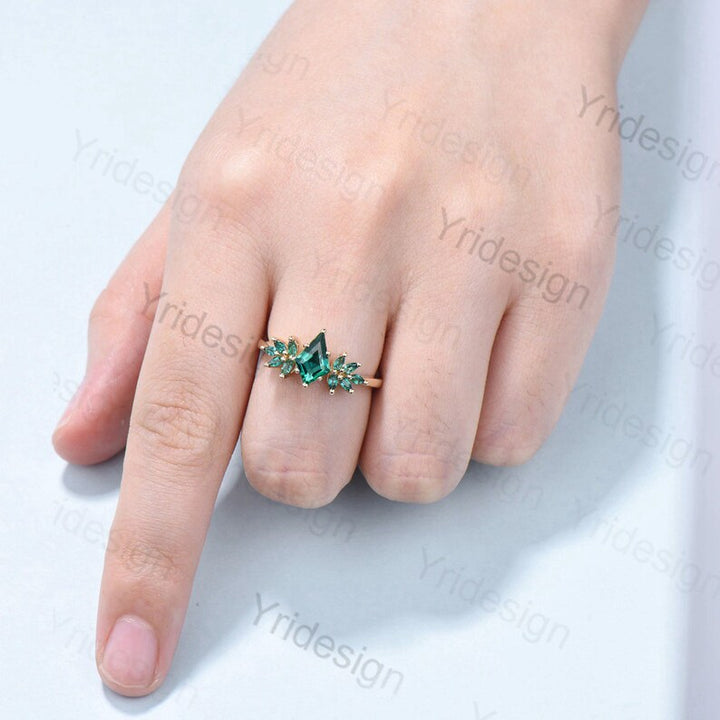 Vintage emerald engagement ring Unique kite cut green crystal cluster marquise emerald wedding ring for women anniversary promise ring gift - PENFINE