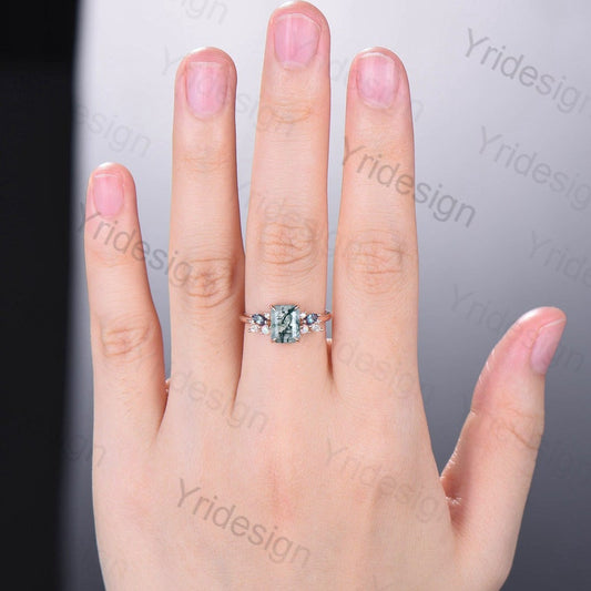 Emerald Cut Moss Agate Engagement Ring Rose Gold Alternative Alexandrite Opal Wedding Ring For Women Vintage Unique Cluster Anniversary Gift - PENFINE