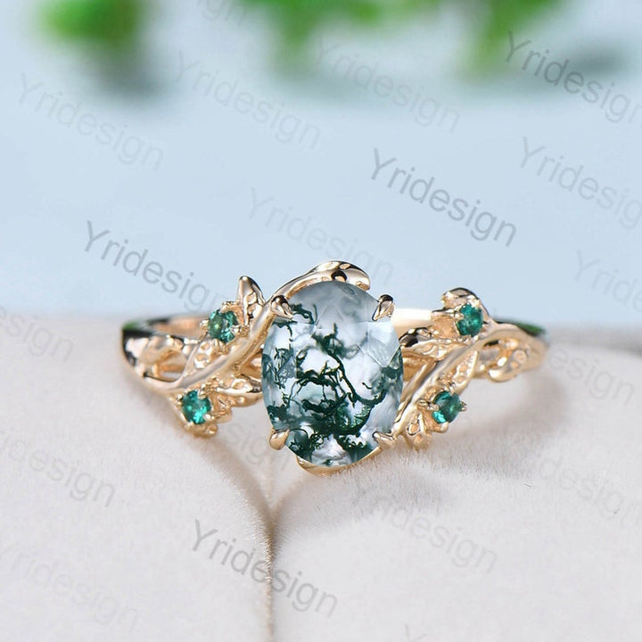 Elegant Natural Moss Agate Ring Vintage Unique Hexagon Engagement Ring Inspired Leaf Cluster Emerald Wedding Ring Women Green Gemstone Ring - PENFINE