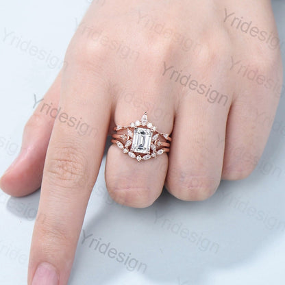 Vintage Emerald Cut Moissanite Engagement Ring Set 14K Rose Gold Unique Moissanite Diamond Wedding Ring For Women Art Deco Bridal Ring Set - PENFINE