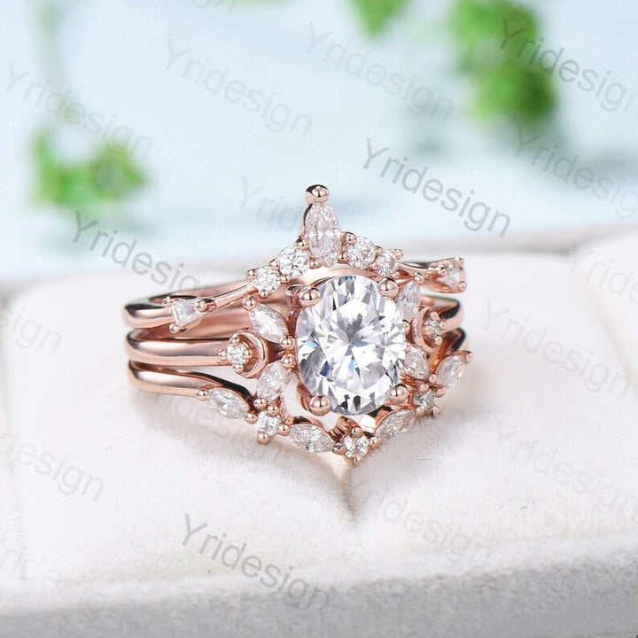 Vintage 1.5CT Oval Cut Moissanite Engagement Ring Set 14K Rose Gold Unique Moissanite Diamond Wedding Ring Women Art Deco Bridal Ring Set - PENFINE