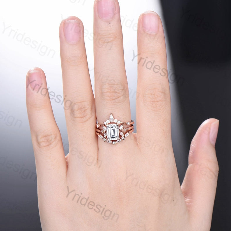 Vintage Emerald Cut Moissanite Engagement Ring Set 14K Rose Gold Unique Moissanite Diamond Wedding Ring For Women Art Deco Bridal Ring Set - PENFINE