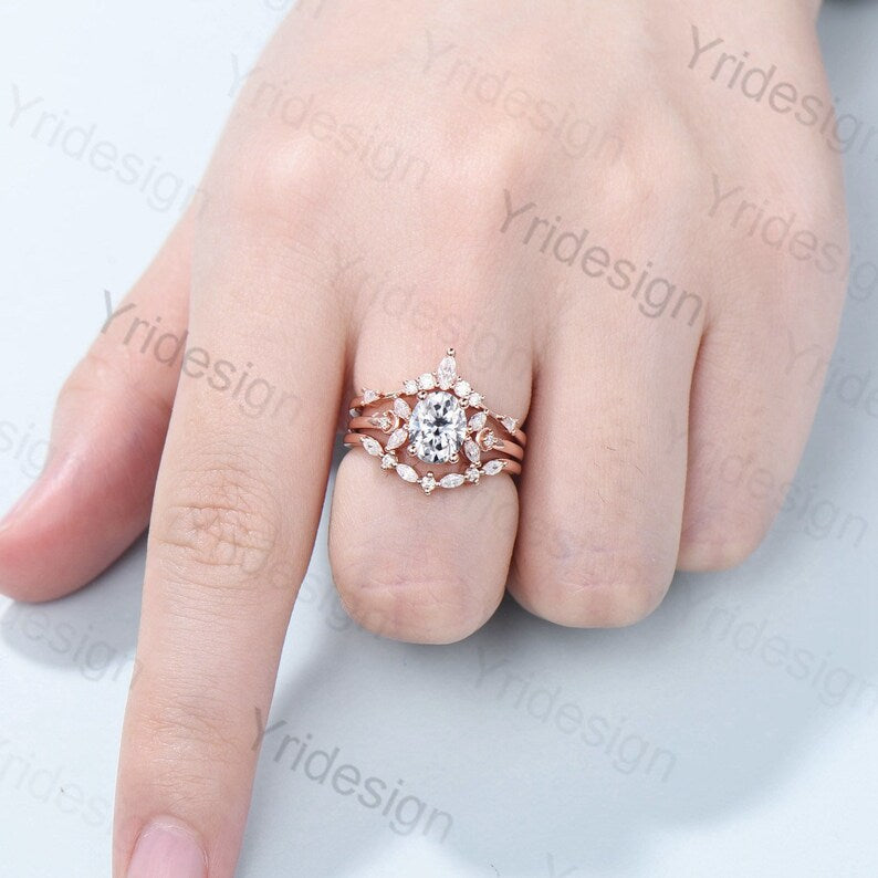 Vintage 1.5CT Oval Cut Moissanite Engagement Ring Set 14K Rose Gold Unique Moissanite Diamond Wedding Ring Women Art Deco Bridal Ring Set - PENFINE