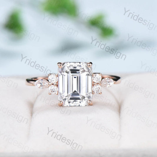 Emerald Cut Wedding Ring Moissanite Engagement Ring Rose Gold Cluster Marquise Diamond Promise Bridal Ring Anniversary Gift for Women Wife - PENFINE