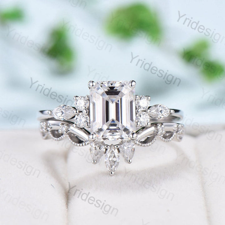 2Pcs 6x8mm Dory Emerald Cut Moissanite Engagement Ring Set - PENFINE