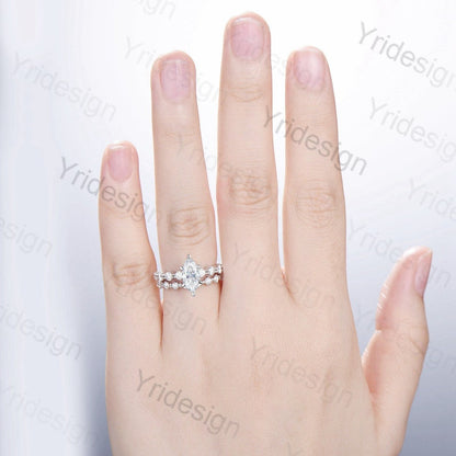 Unique 1CT moissanite ring | Minimalist moissanite engagement ring set rose gold | Marquise art deco wedding bridal Promise ring - PENFINE