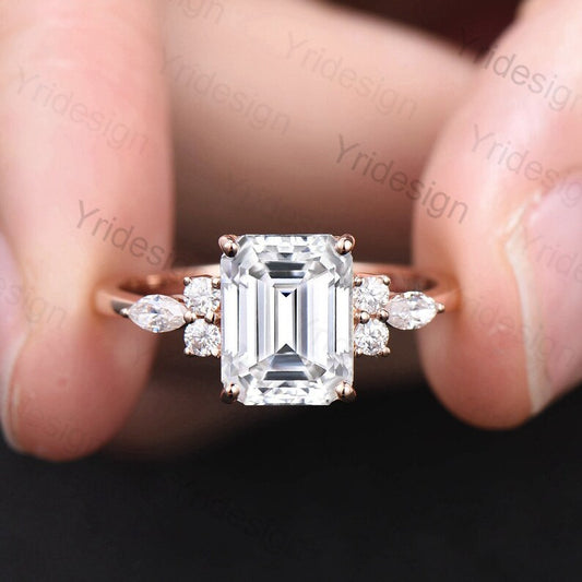 Emerald Cut Wedding Ring Moissanite Engagement Ring Rose Gold   Cluster Marquise Diamond Promise Bridal Ring Anniversary Gift for Women Wife - PENFINE