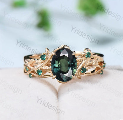 Natural Inspired teal sapphire ring set green sapphire twig engagement ring rose gold unique emerald wedding ring set for women Branch ring - PENFINE