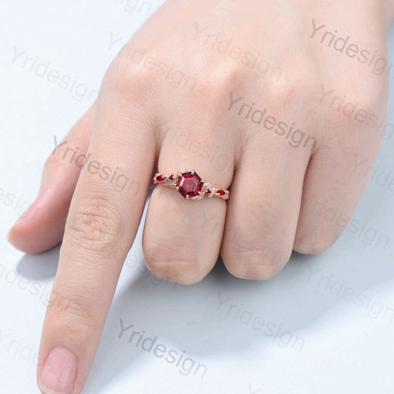 Vintage Red Ruby Ring Hexagon Cut Retro leaf Engagement Ring 5 Stone Unique Women Bridal Ring Rose gold nature inspired anniversary ring - PENFINE