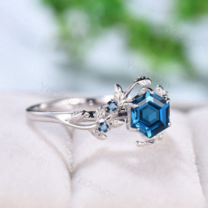 Elegant London Blue Topaz Ring Vintage Unique Twig Engagement Ring Leaf Cluster Blue Topaz Wedding Ring Women Natural inspired Branch Ring - PENFINE