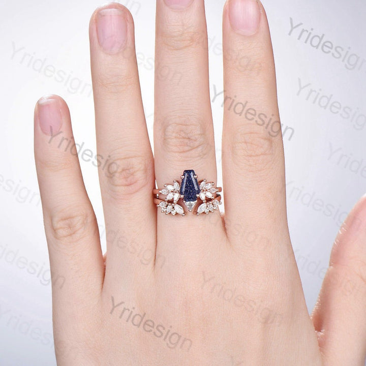 Fancy coffin shaped blue sandstone ring set vintage unique engagement ring blue star goldstone galaxy moissanite wedding bridal promise ring - PENFINE