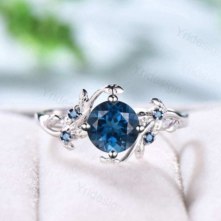 Elegant London Blue Topaz Ring Vintage Unique Twig Engagement Ring Leaf Cluster Blue Topaz Wedding Ring Women Natural inspired Branch Ring - PENFINE