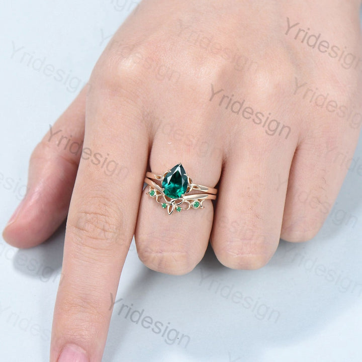 Vintage emerald engagement ring set pear shaped green crystal wedding ring set women Unique Norse Viking Celtic Love Knot bridal ring gift - PENFINE