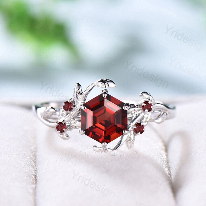 Nature Inspired natural garnet ring cluster Leaf engagement ring women unique branch wedding ring January Birthstone Jewelry Proposal Gift - PENFINE