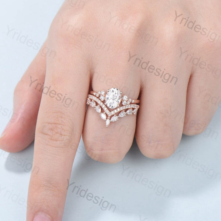 Oval Moissanite Engagement Ring Set 1.5ct VVS Moissanite Ring Vintage 14K Rose Gold Bridal Set Unique Oval Engagement Rings For Women - PENFINE