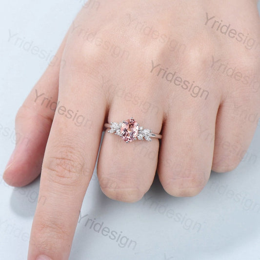 Pink Morganite Ring 1.5CT Oval Morganite Engagement Ring Cluster Ring Statement Ring Sterling Silver Ring Rose Gold Bridal Promise Ring - PENFINE
