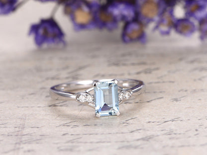 Natural aquamarine engagement ring real diamond ring solid 14k 18k white gold aquamarine ring vintage wedding promise ring gift fine jewelry - PENFINE