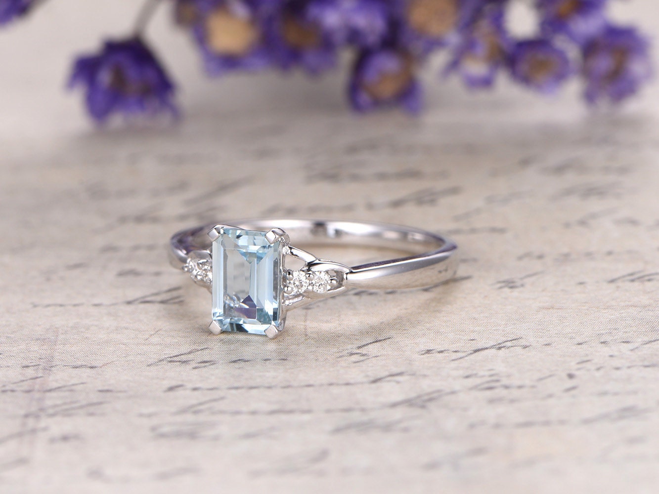 Natural aquamarine engagement ring real diamond ring solid 14k 18k white gold aquamarine ring vintage wedding promise ring gift fine jewelry - PENFINE